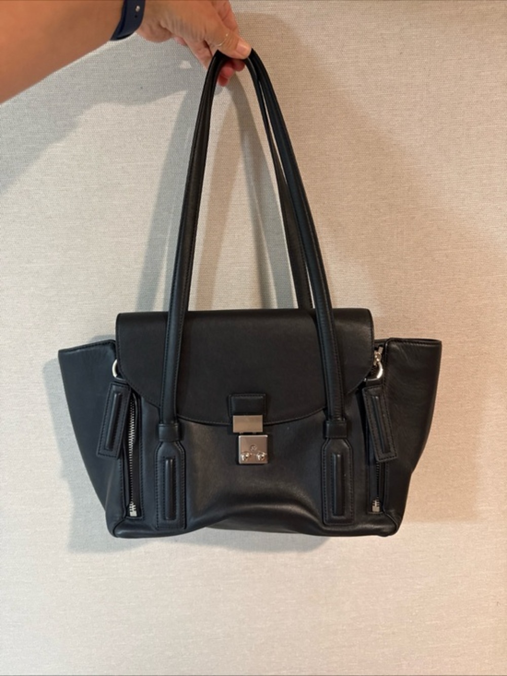 3.1 Phillip Lim $895 Pashli Medium Double Handles Leather Shoulder Bag Black